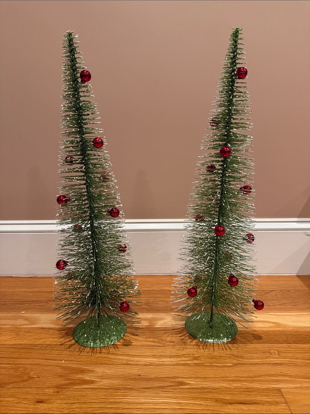Set of 2 Bottle Brush Christmas Trees 24" Green Glitter w/ Red Ornaments
